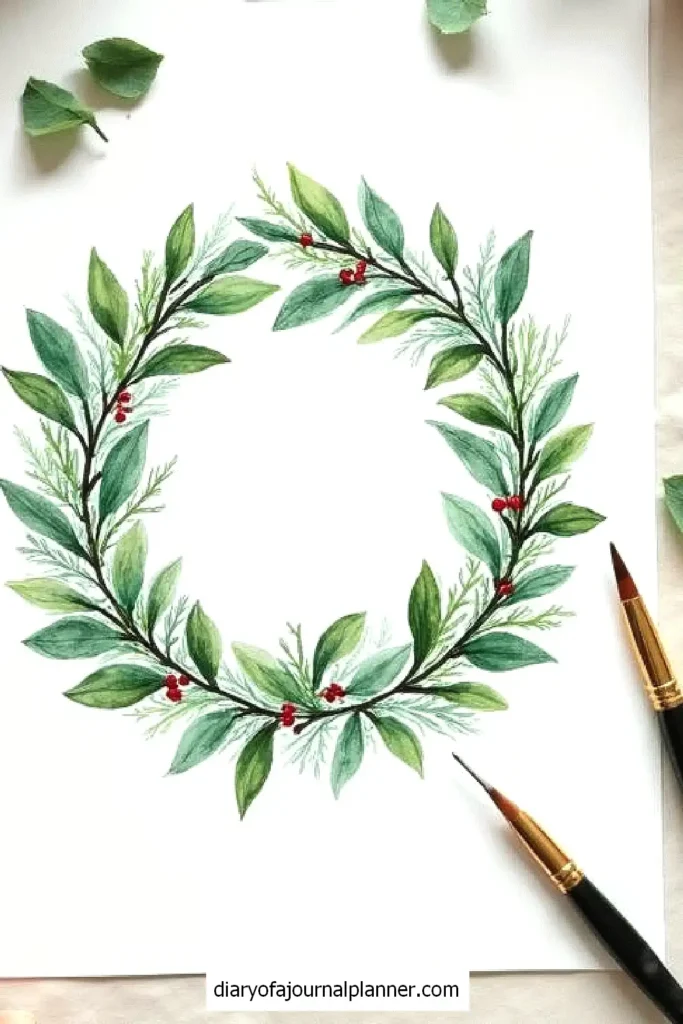 Watercolor wreath with green leaves and red berries on white paper. Two paintbrushes placed beside it.