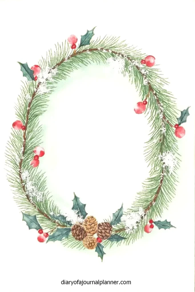 Watercolor Christmas wreath with pine branches, red berries, holly, and pine cones on a white background.