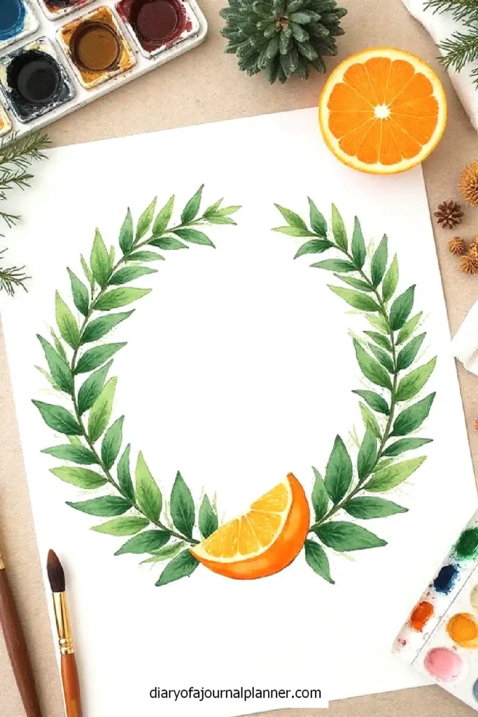 Watercolor painting of a leafy wreath with an orange slice, surrounded by paint palettes and brushes, on a beige background.