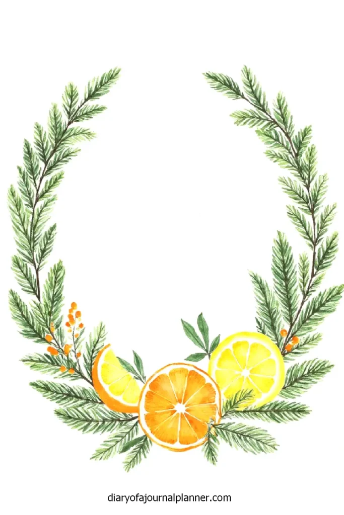 Watercolor wreath with green pine branches and citrus fruits, including oranges and lemons.