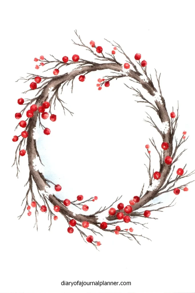 Watercolor wreath with branches and red berries on a white background, perfect for festive holiday decor.