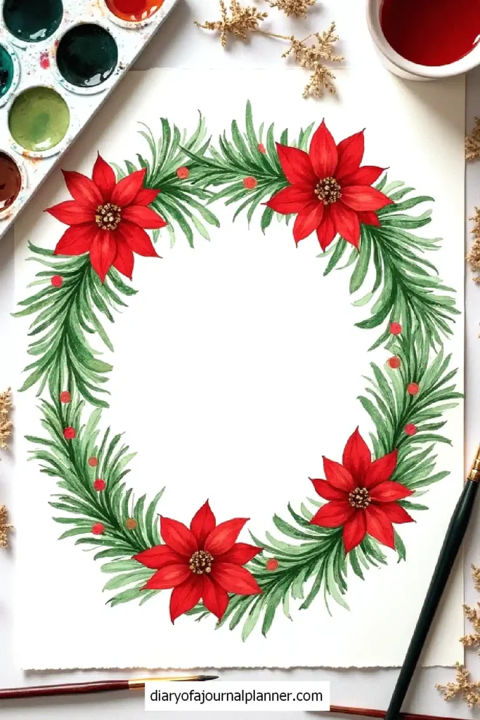 Watercolor Christmas wreath with red poinsettias and pine leaves, surrounded by art supplies.