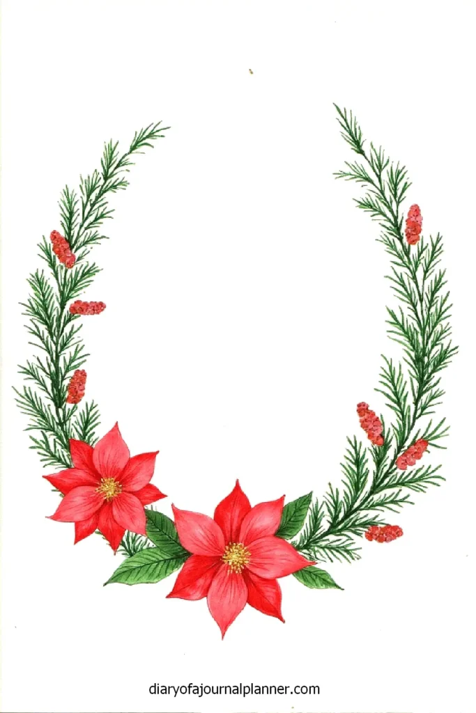 Festive holiday wreath with red poinsettias and pine branches on a white background.