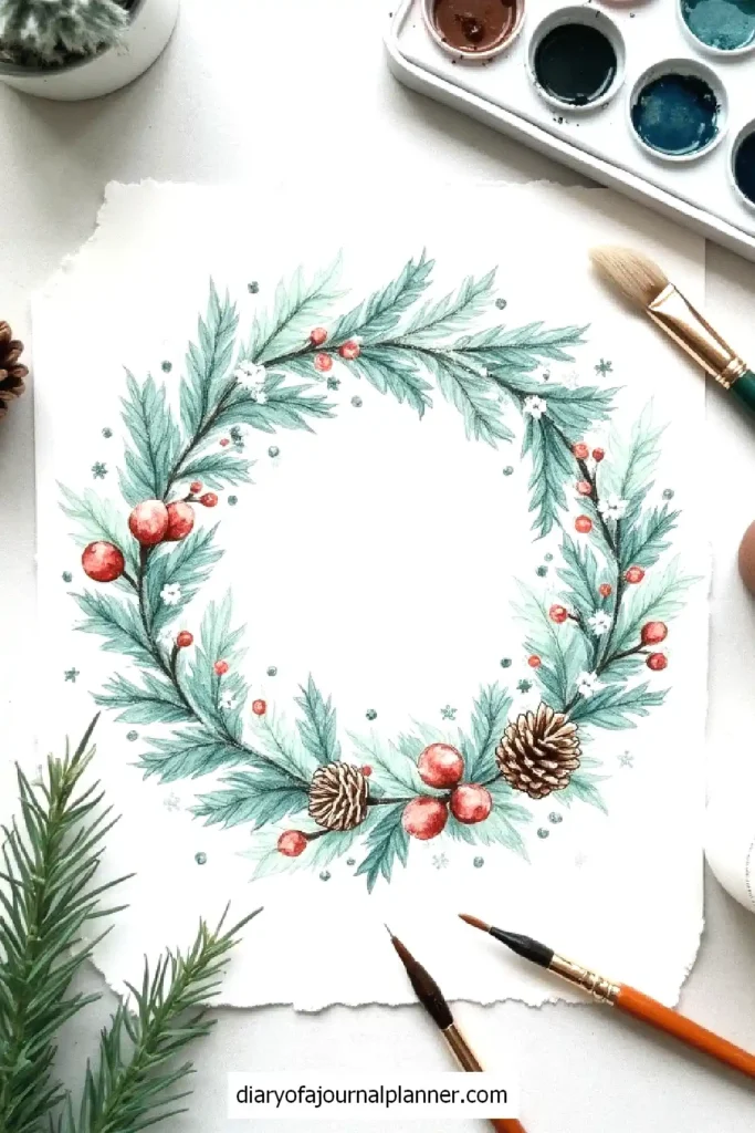 Watercolor holiday wreath with pine cones and berries, surrounded by paintbrushes and palette.