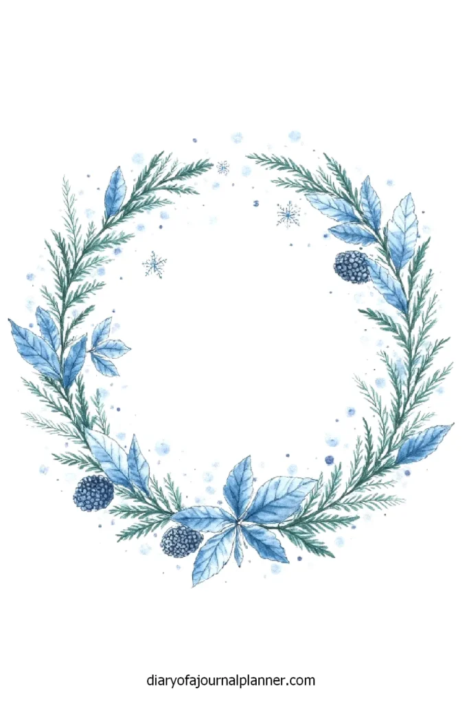 Blue winter wreath with pine and snowflakes, perfect for festive and holiday designs.