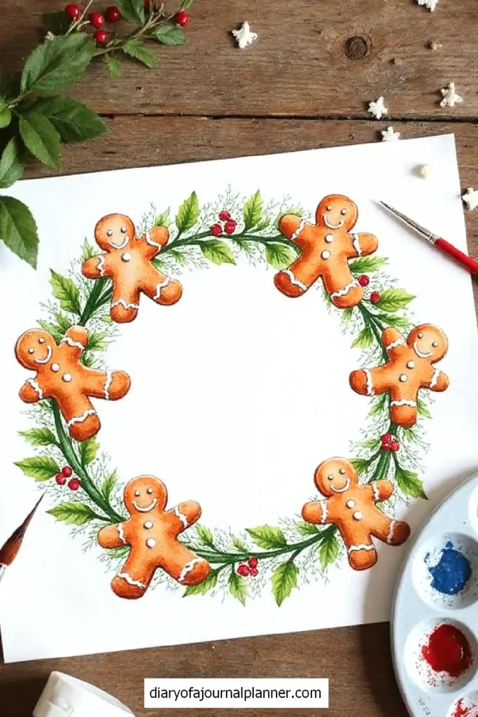 Watercolor gingerbread men wreath with holly leaves and berries, surrounded by painting tools on a wooden table.