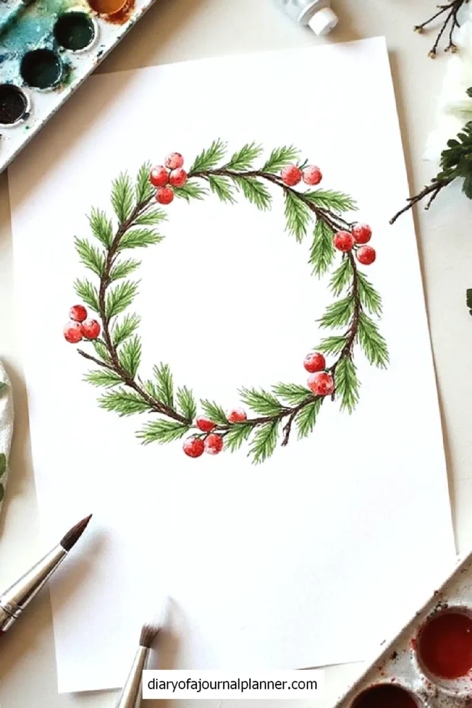 Watercolor Christmas wreath on paper with green pine branches and red berries.