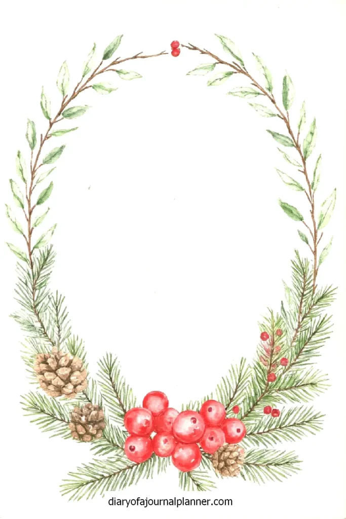 Festive watercolor wreath with pine branches, cones, and red berries, perfect for holiday designs.