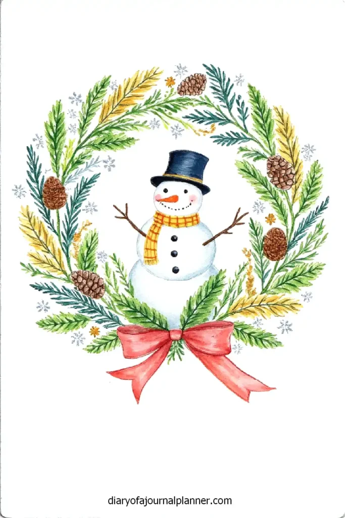Festive wreath with snowman, pinecones, and red bow, perfect for a cheerful Christmas decoration.