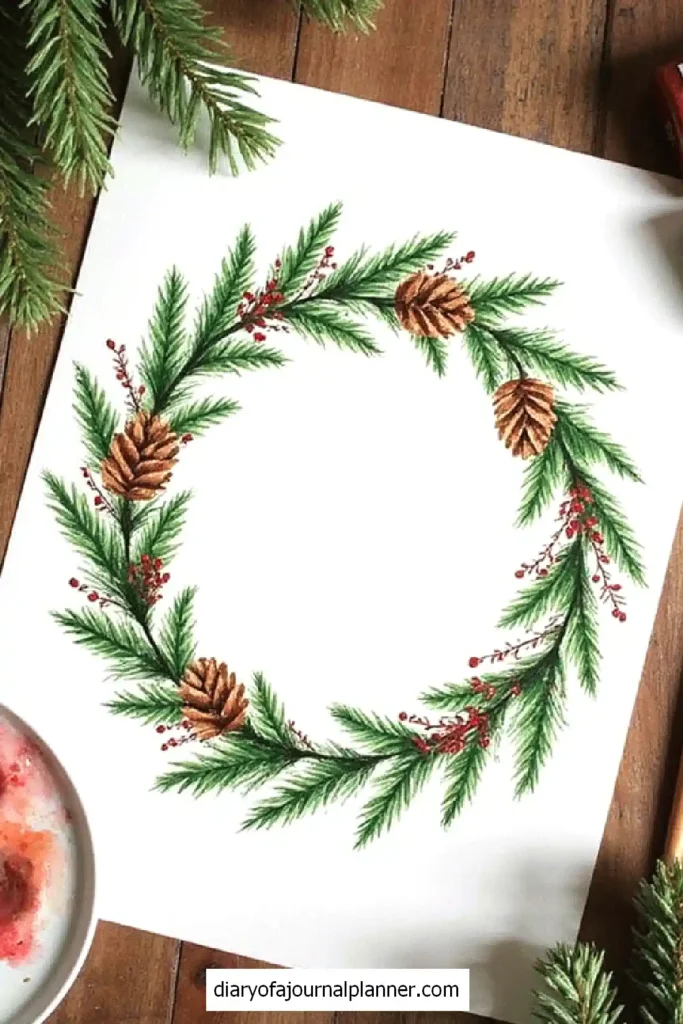 Watercolor Christmas wreath with pine cones and berries on a wooden background, perfect for holiday decor.