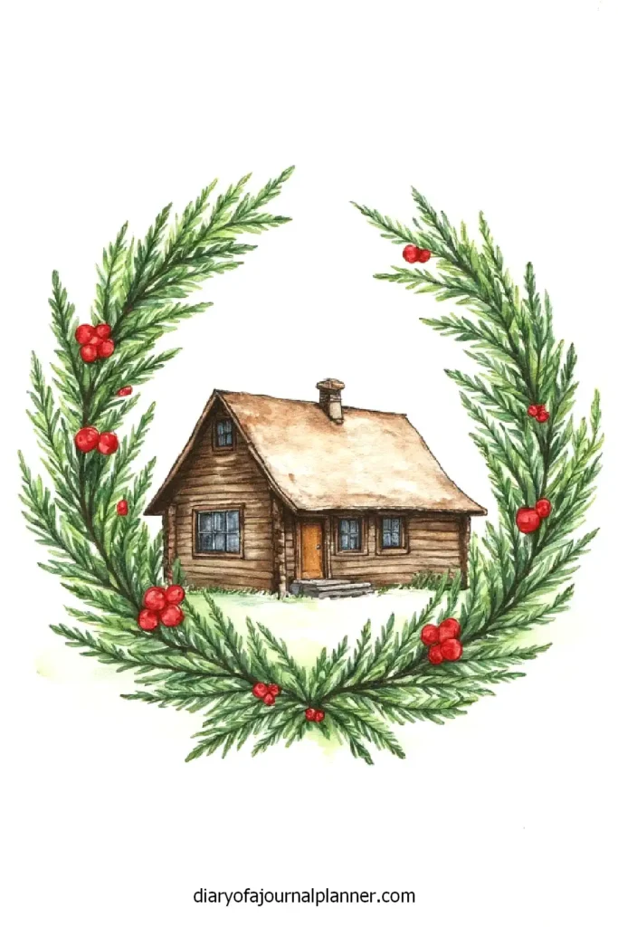 Rustic cabin within a festive evergreen wreath, perfect for holiday greetings and winter decor inspiration.