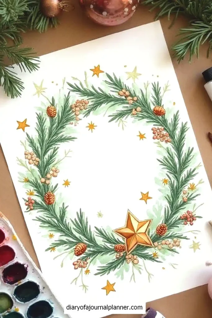 Festive watercolor Christmas wreath with pine branches, cones, stars, and gold ornament.