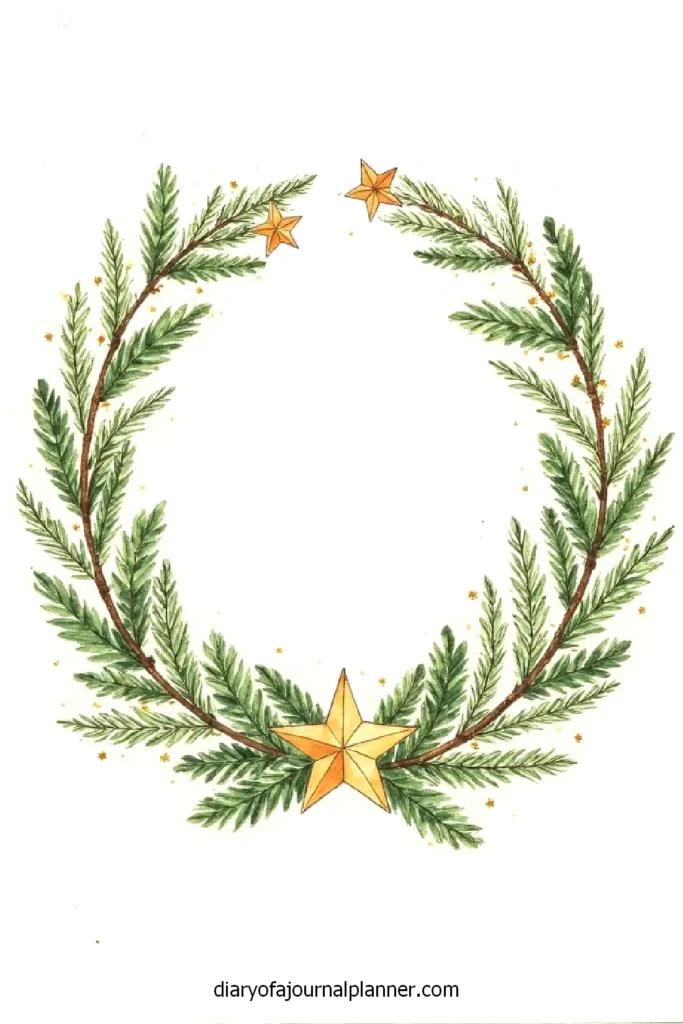 Festive wreath with pine branches and gold stars, perfect for a holiday decoration or Christmas card design.