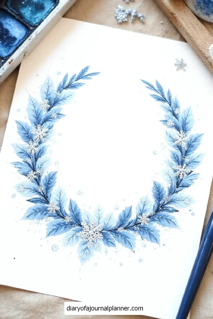 Watercolor painting of a blue winter wreath with snowflakes, ideal for holiday journal decoration.