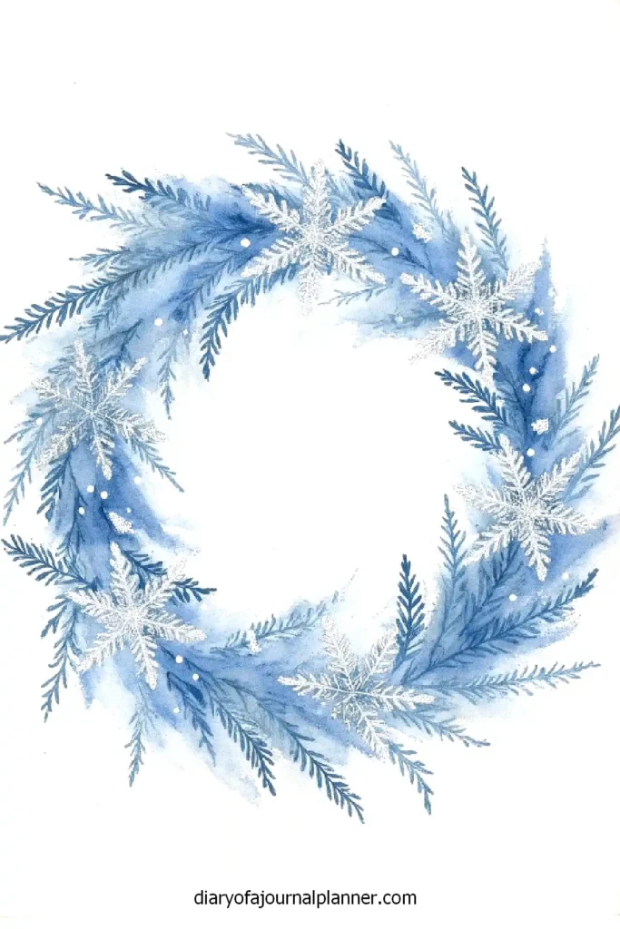 Watercolor wreath with blue pine branches and snowflakes on a white background.
