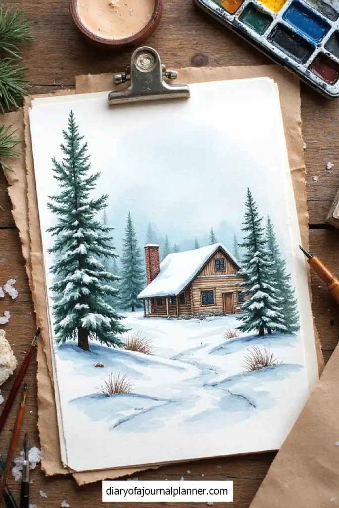Watercolor painting of a snowy cabin amidst pine trees, with art supplies in the background.