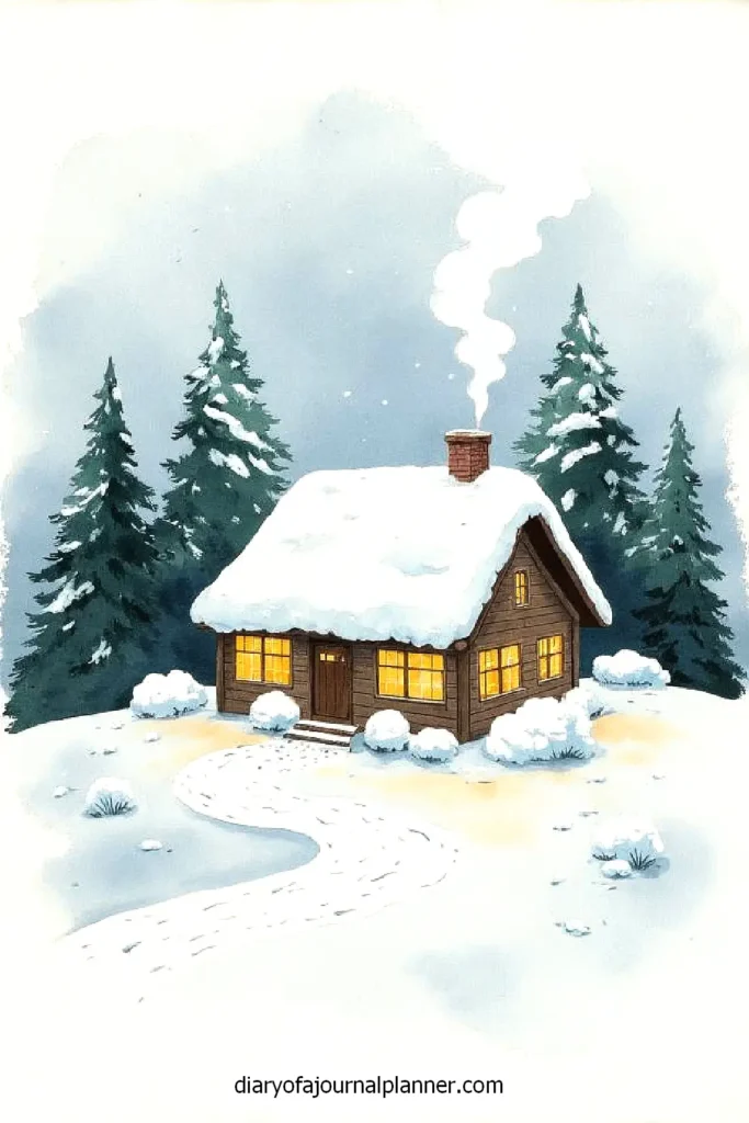 Cozy snow-covered cabin with glowing windows in a winter forest setting.