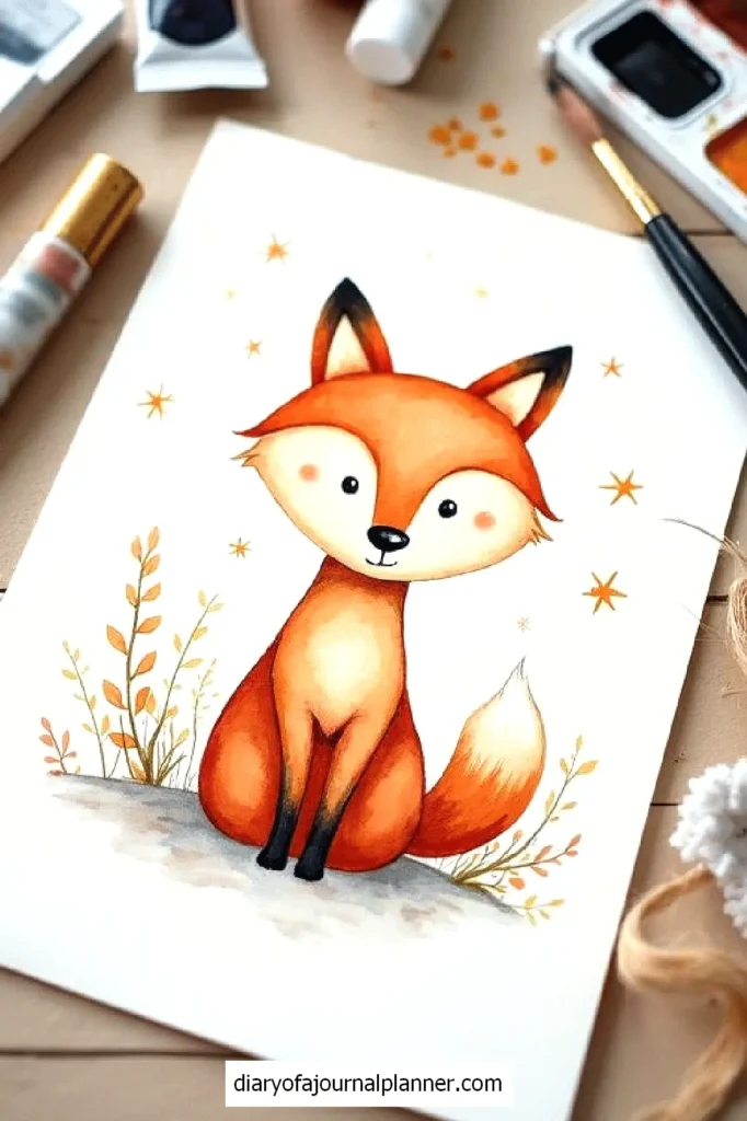 Illustrated fox with star accents and foliage, surrounded by art supplies on a table.