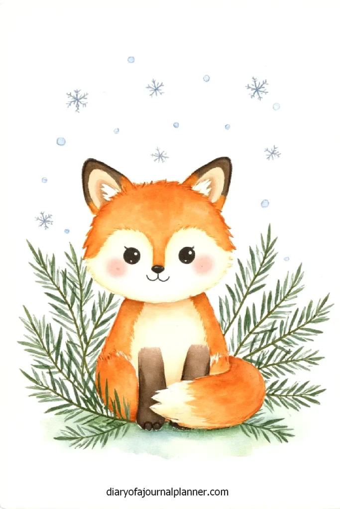 Adorable cartoon fox sitting with green leaves and snowflakes, perfect for winter-themed decor or children's illustration.