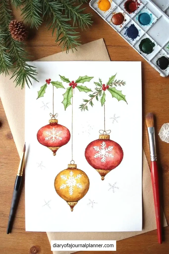 Watercolor Christmas ornaments with holly, pine branches, and paintbrushes on a wooden table.