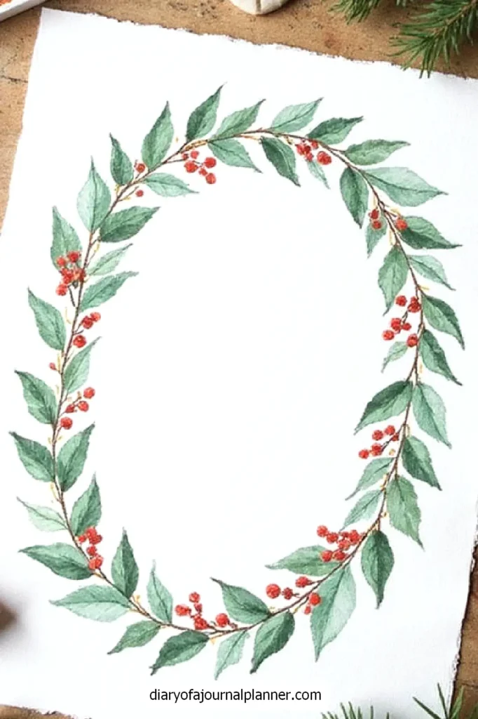Watercolor wreath with green leaves and red berries on white paper background, perfect for festive decoration or invitations.