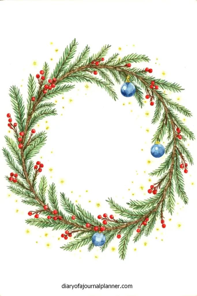 Festive holiday wreath with pine branches, red berries, and blue ornaments on a white background.