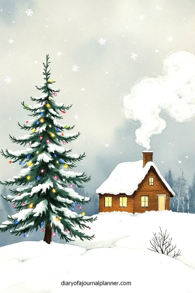 Cozy snow-covered cabin with a colorful Christmas tree and falling snowflakes in a winter wonderland scene.