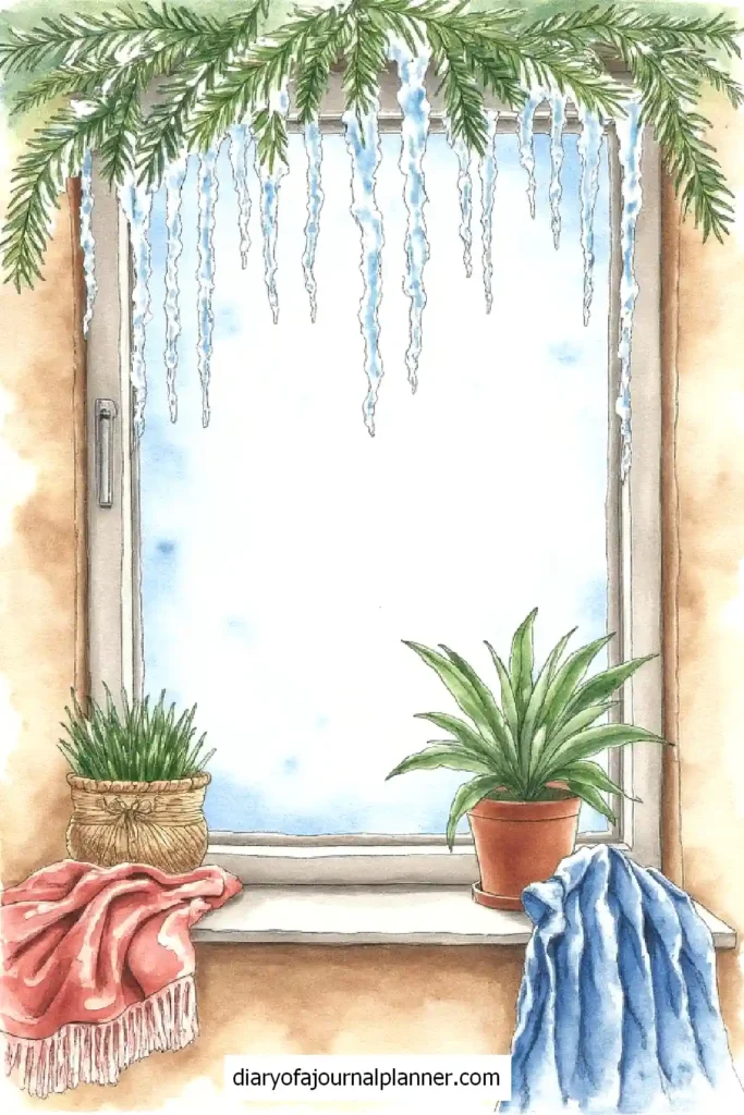 Cozy winter window with icicles, pine garland, plants, red and blue blankets.