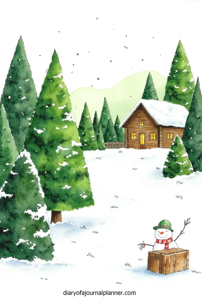 Snow-covered cabin in winter forest with snowman and evergreen trees under a starry sky.