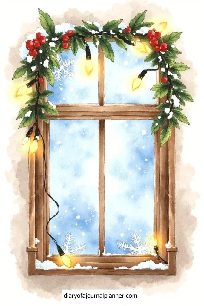 Festive window with snowflakes, holly, and string lights, creating a cozy winter holiday atmosphere.
