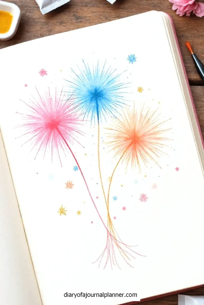 Colorful dandelion-inspired art sketch in a notebook with pink and blue flowers, ideal for creative journaling ideas.