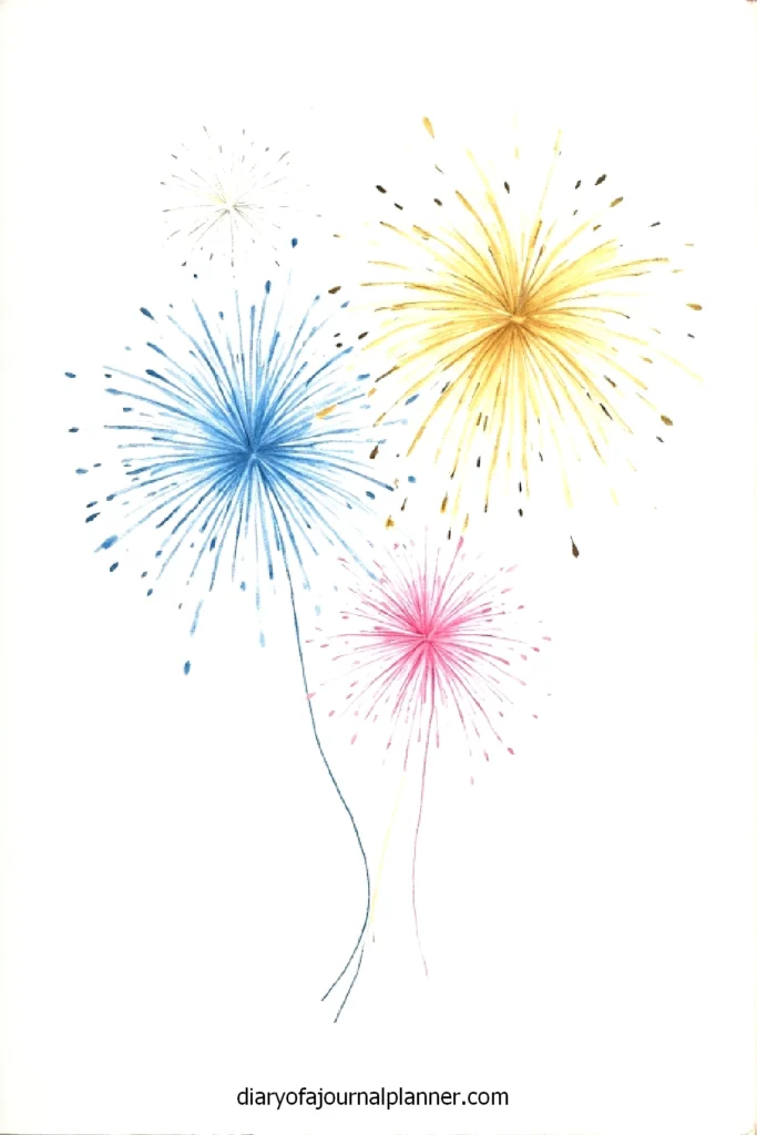 Colorful hand-drawn fireworks in blue, yellow, and pink against a white background.