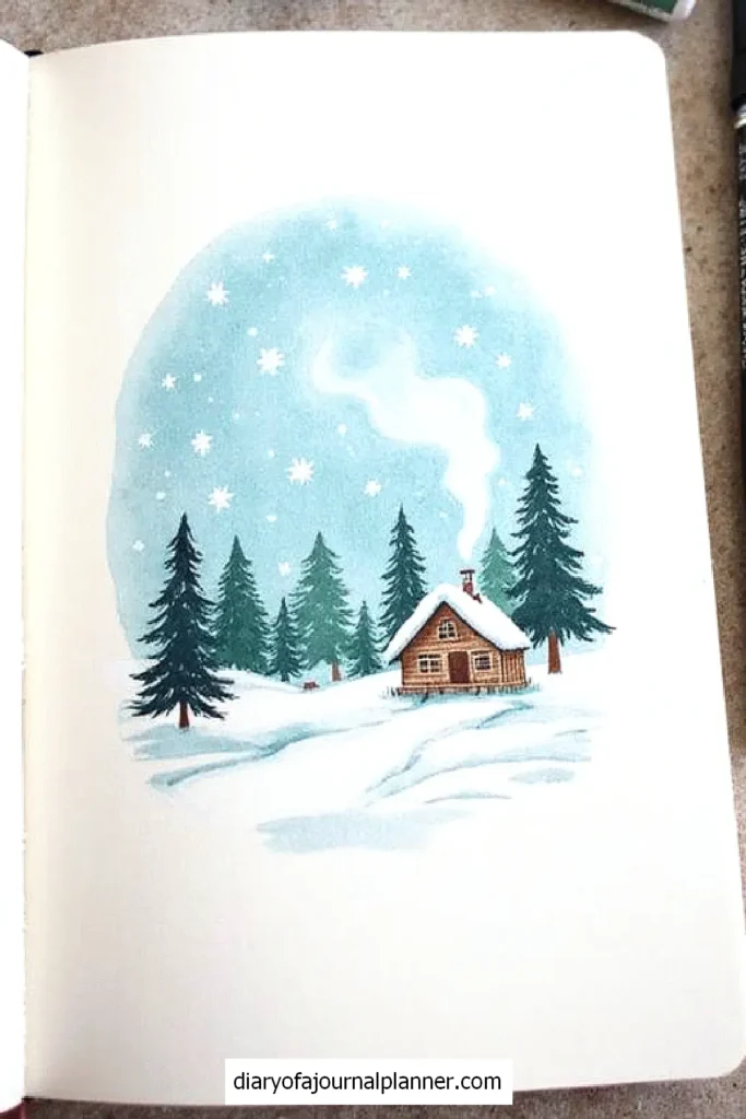 Snowy cabin in a winter forest with smoke from the chimney, under a starry sky, illustrated in a journal.