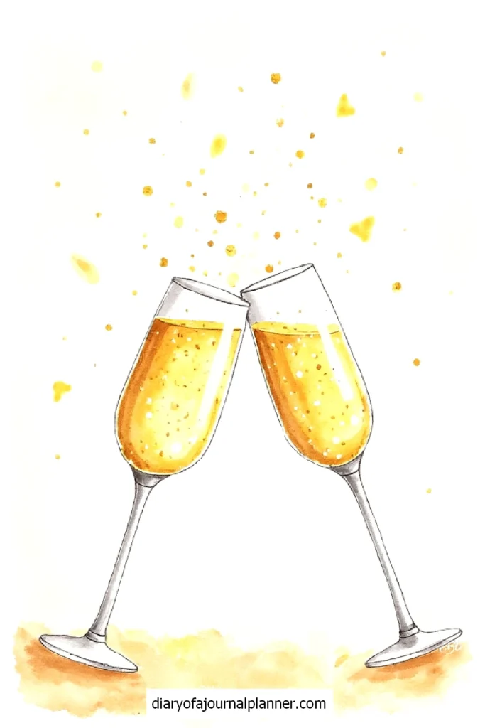 Two champagne glasses clinking with golden bubbles splashing. Celebratory toast illustration for festive occasions.