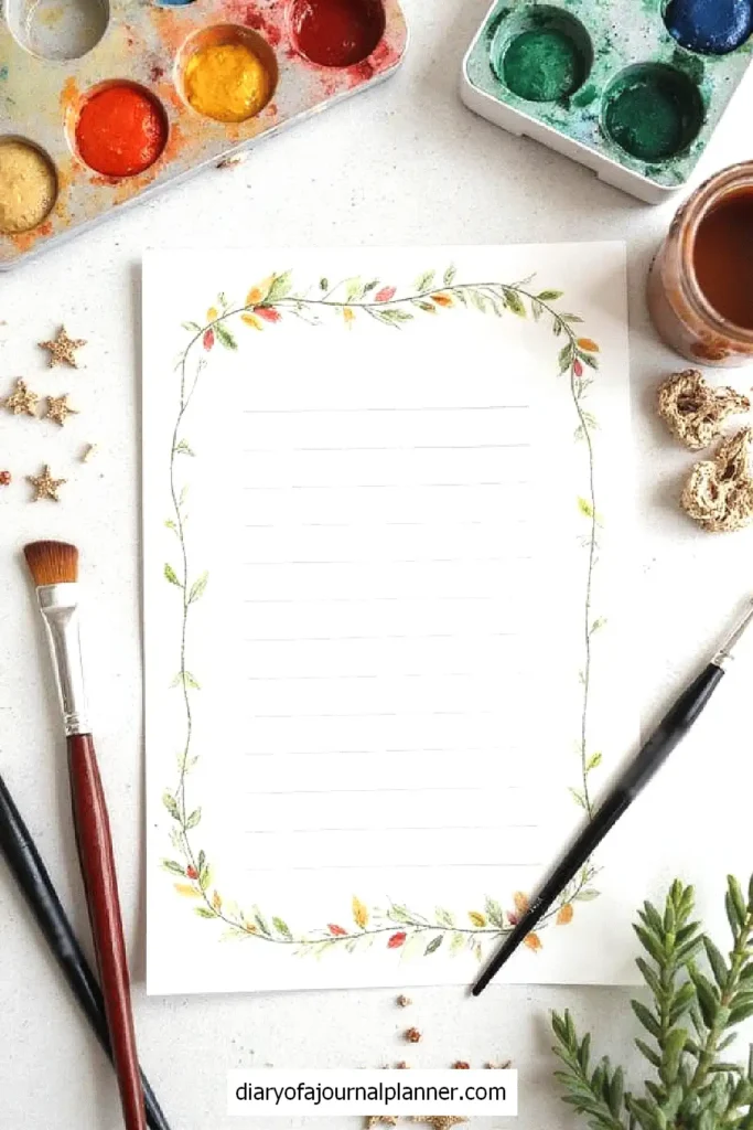 Watercolor journal page with paint palette, brushes, and decorative leaves. Perfect for creative planning and art.