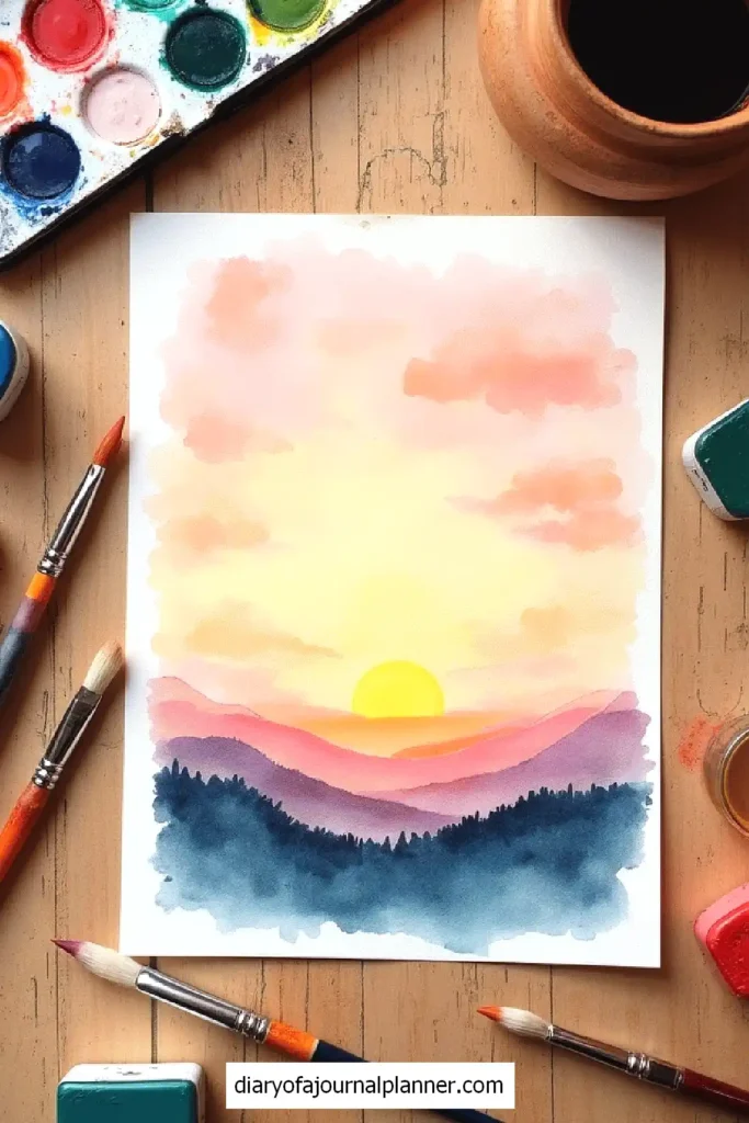 Watercolor sunset painting with brushes and paints on a wooden table.