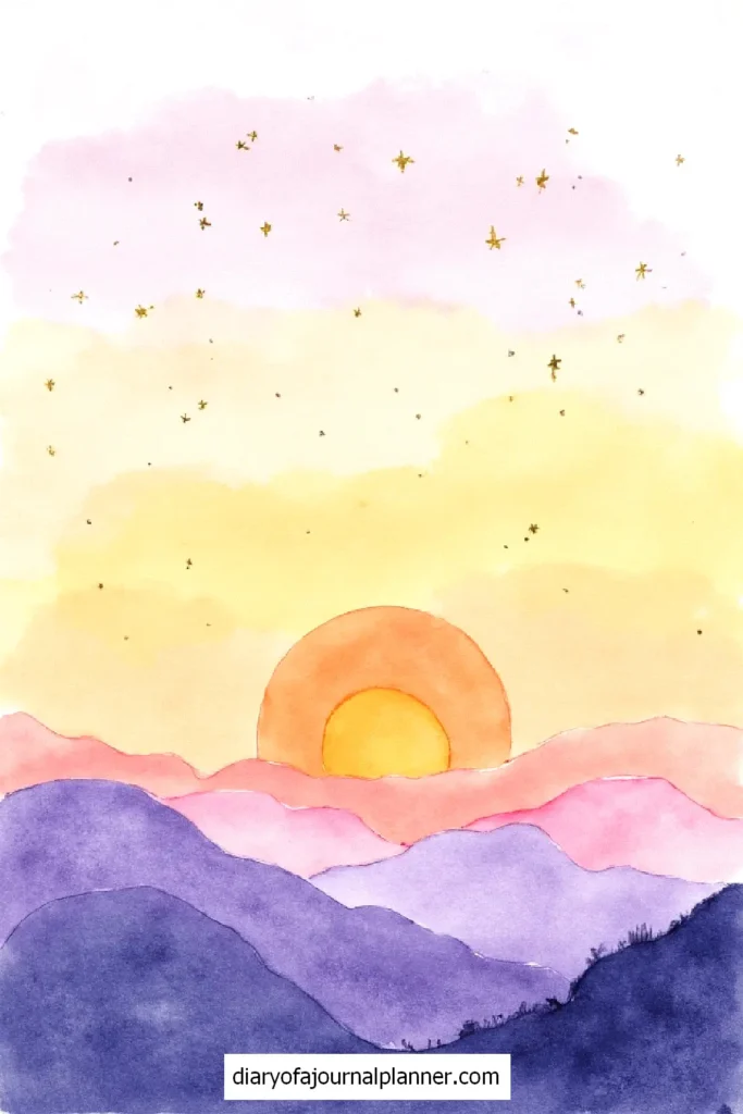 Watercolor sunset over colorful mountains with starry sky. Art by diaryofajournalplanner.com.