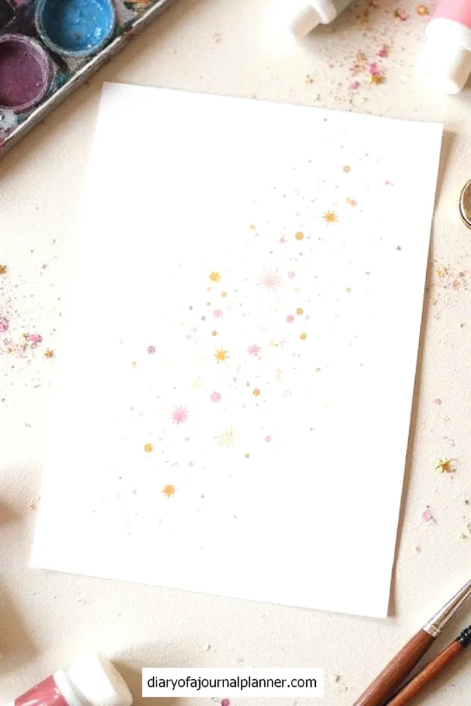 Blank paper with colorful star doodles, surrounded by watercolor paints and brushes. Ideal for creative journaling.