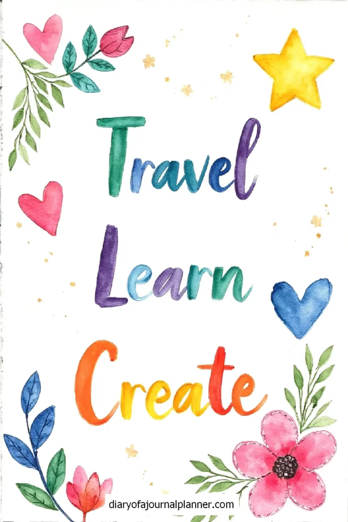 Colorful watercolor quote: Travel, Learn, Create with hearts, flowers, and star.