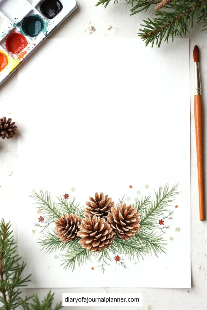Watercolor pinecones and branches on paper with paint palette and brush, holiday art inspiration.