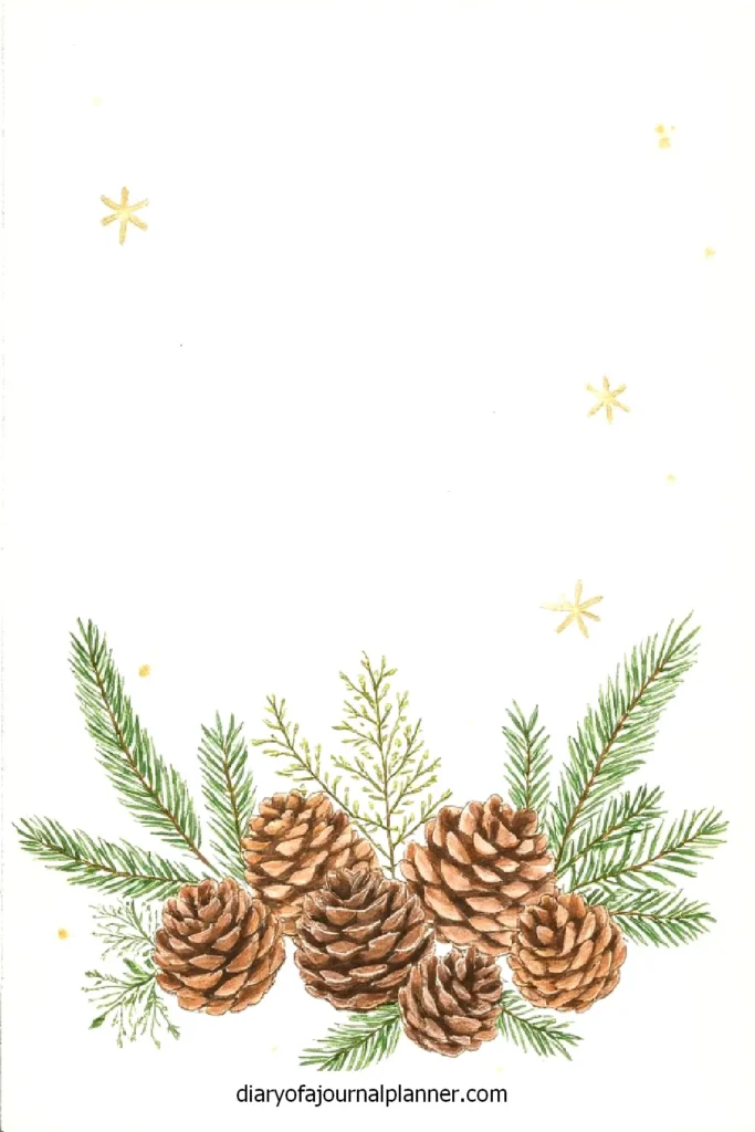 Watercolor pine cones and evergreen branches with stars, festive botanical illustration.