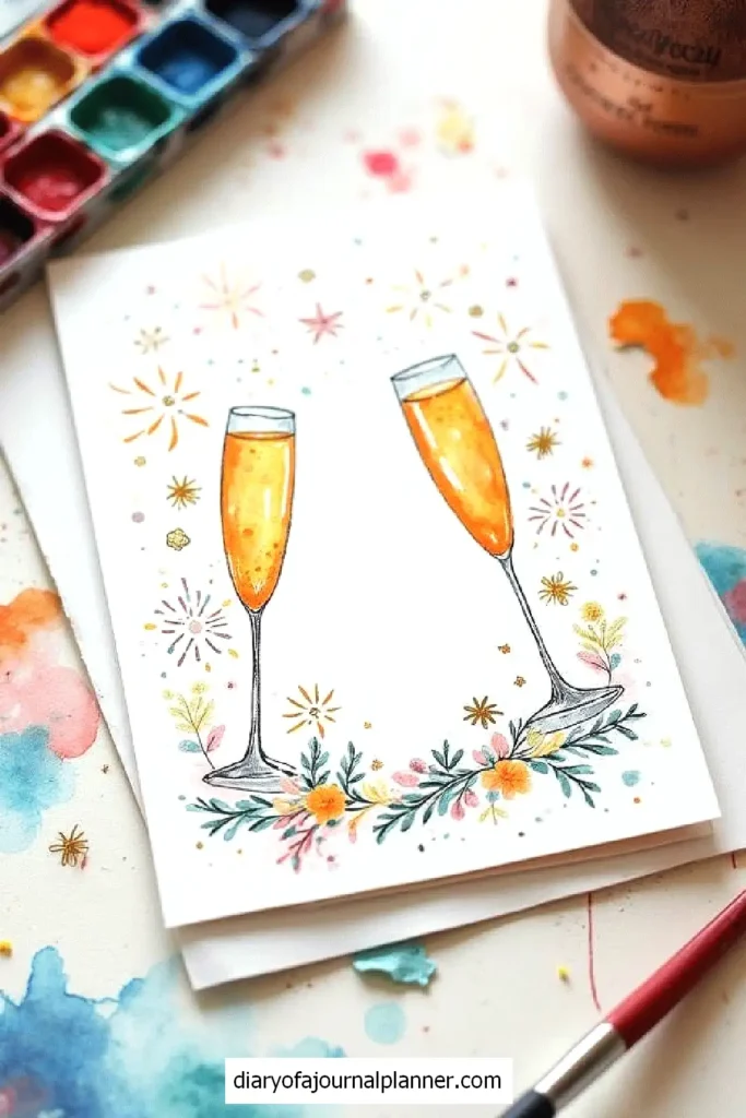 Watercolor card with two champagne glasses, floral design, and colorful paint palette.