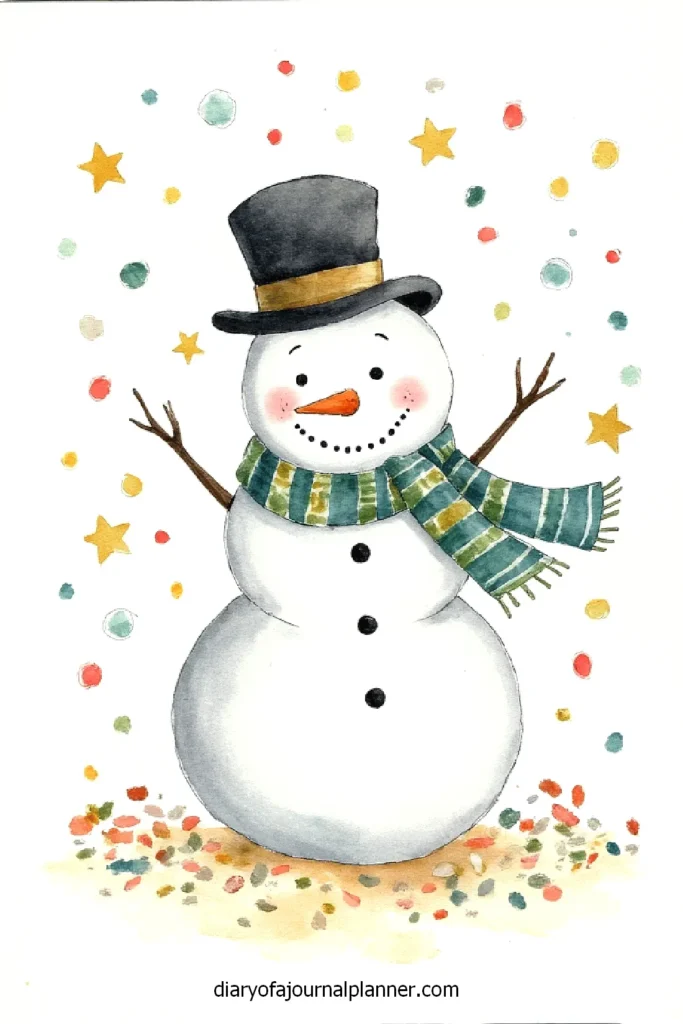 Watercolor snowman wearing a top hat and striped scarf, surrounded by stars and confetti.