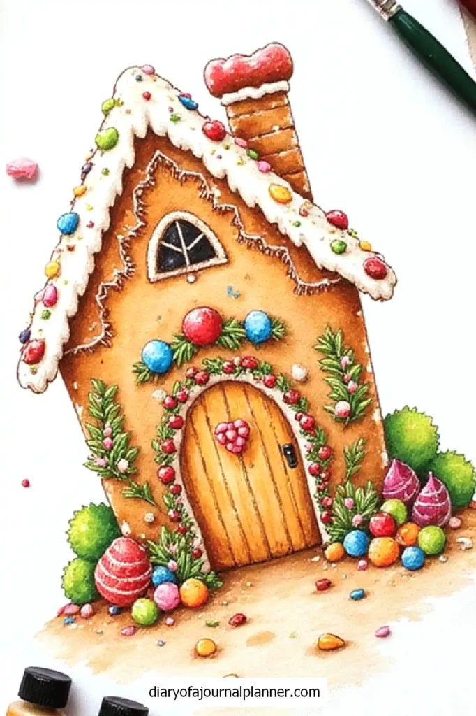 Whimsical gingerbread house with candy decor, frosted roof, and colorful sweets, perfect for holiday inspiration.