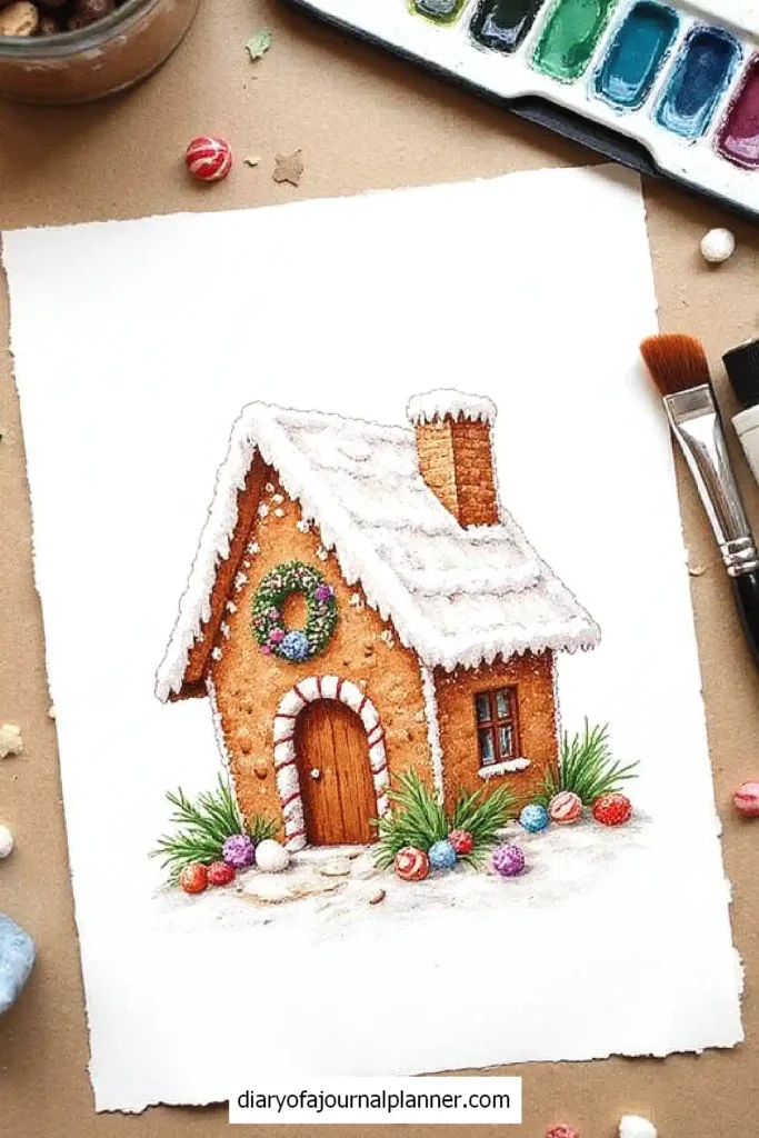 Watercolor gingerbread house with snowy roof and wreath, surrounded by colorful candies and painting tools.
