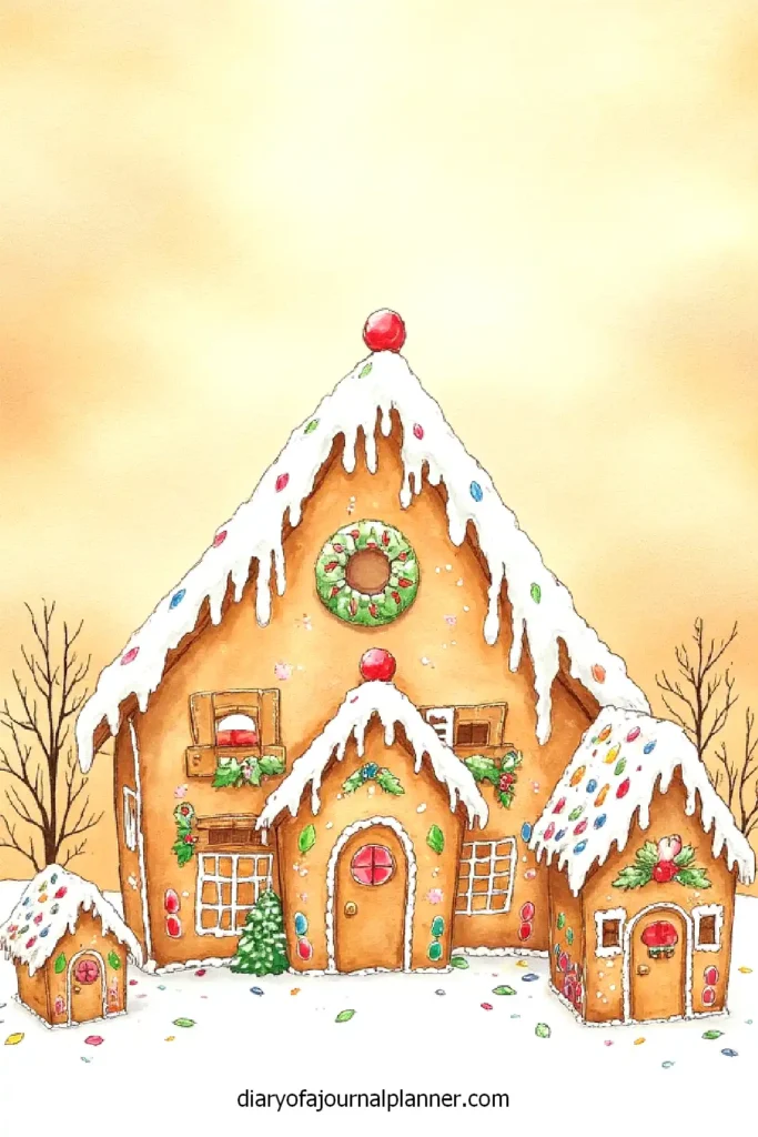 Whimsical gingerbread house adorned with candy decorations and snowy rooftops, surrounded by bare winter trees.
