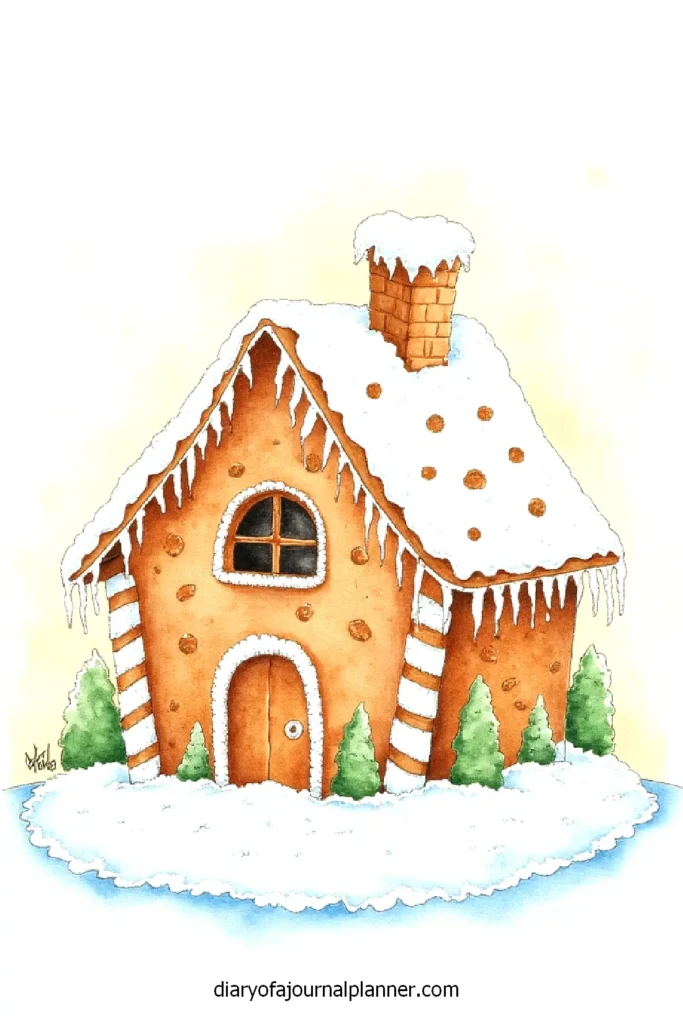 Illustrated gingerbread house with snow, candy cane accents, and trees, perfect for holiday decorations and designs.