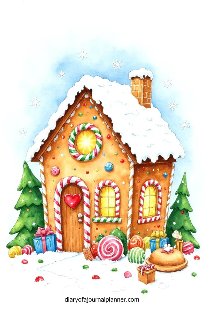 Whimsical gingerbread house with snow, candy decorations, Christmas trees, and colorful presents.