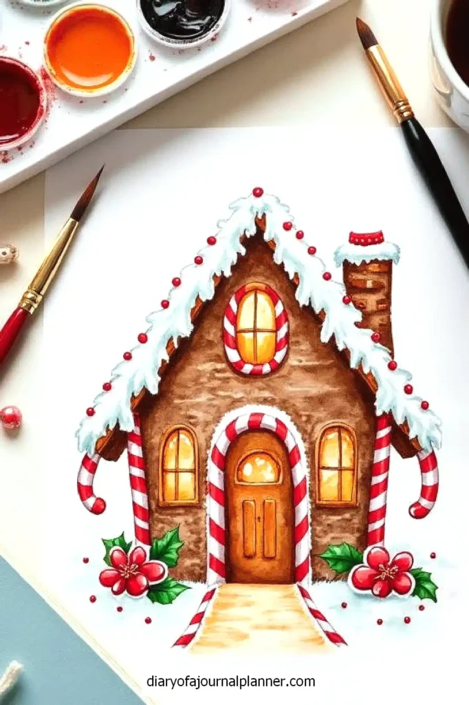Colorful gingerbread house illustration with candy cane accents and holiday watercolor paints in the background.