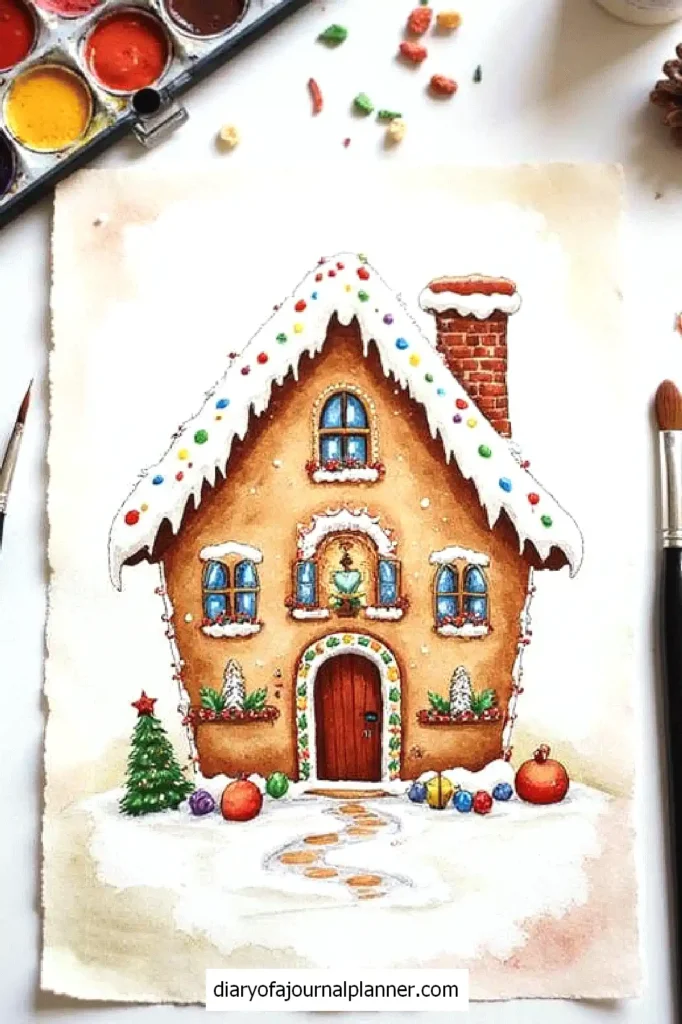 Watercolor gingerbread house with snowy roof, colorful decorations, paint palette, and brushes, festive Christmas art.